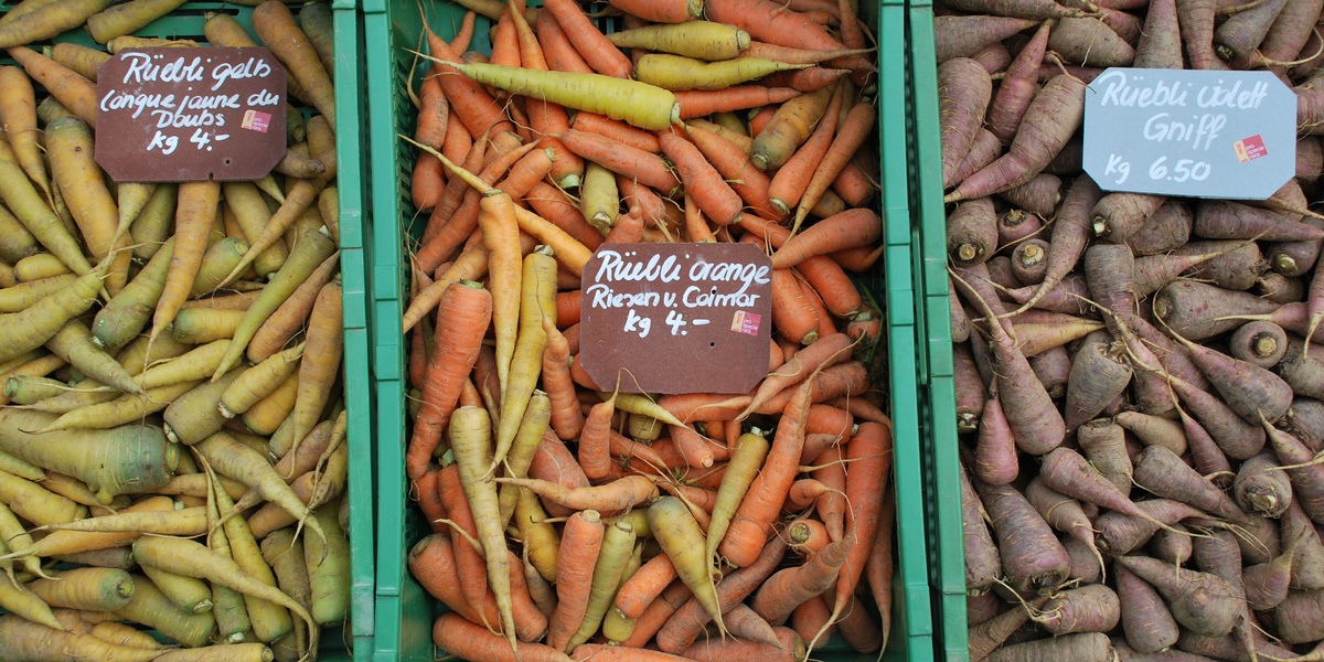 Karotten in verschiedenen Farben in der Auslage